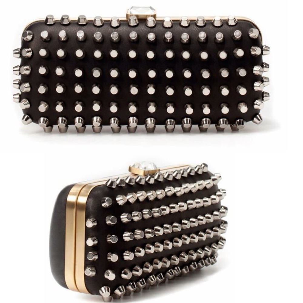 Zara SOLD OUT Black Leather Studded Silver Gold Clutch
